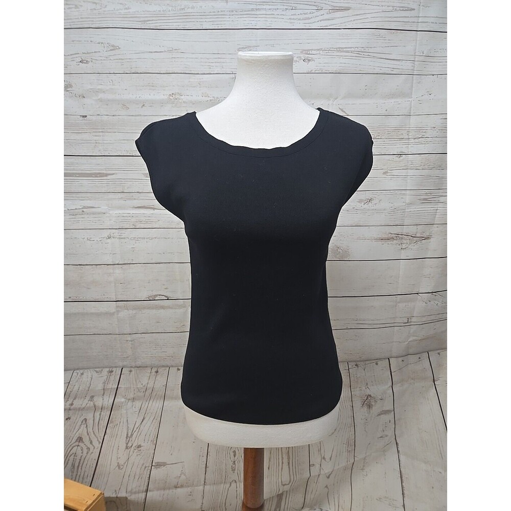 Women’s TALBOTS Boat Neck Sleeveless Black Ribbed Tank Top Size Small Petite